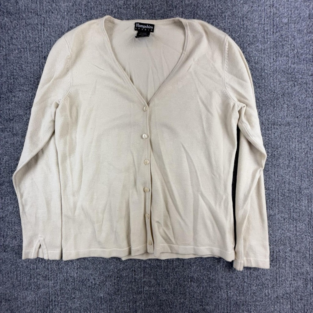 Hampshire Studio Cardigan Sweater Womens Petite PP Beige V Neck Button Front